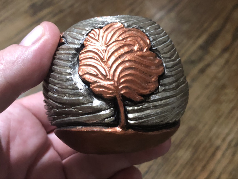 Hand carved landscape pinch pot of a tree