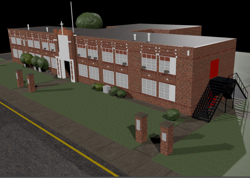3D architectural mockup of Old School building